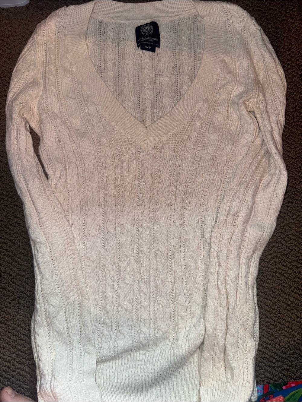 American Eagle Outfitters Cream Cable-Knit V-Neck Sweater